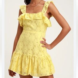 SOLD Lulus Biscay Yellow Ruffled Eyelet Lace Sleeveless Mini Party Dress Size M